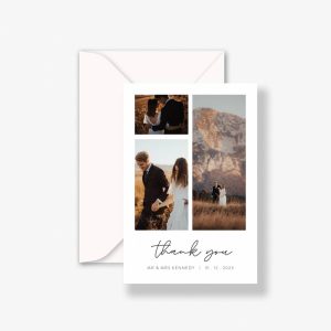Wanderlust Grid Wedding Thank You Card with grid of happy couple photos and envelope