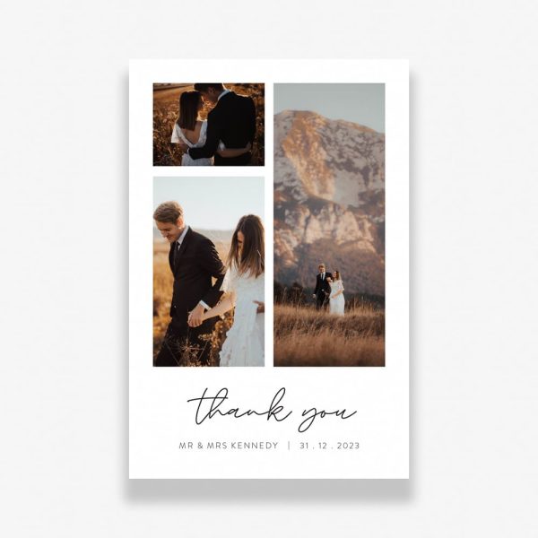 Wanderlust Grid Wedding Thank You Cards with grid of happy couple photos