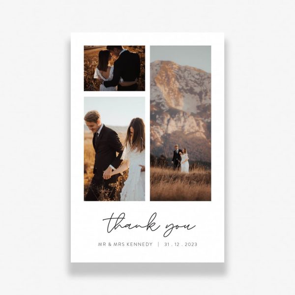 Wanderlust Grid Wedding Thank You Card with grid of happy couple photos