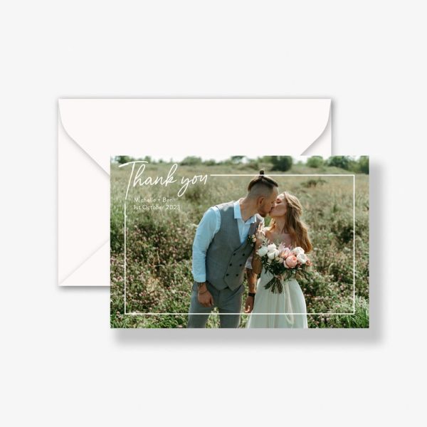 Whimsical Wedding Thank You Card with happy bohemian couple and envelope
