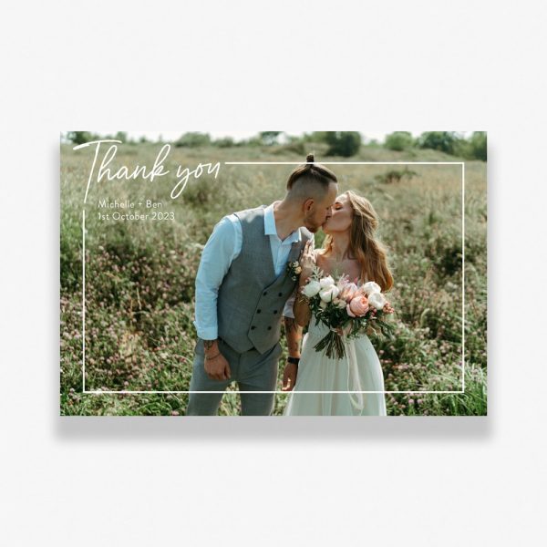 Whimsical Wedding Thank You Cards with happy bohemian couple and envelope