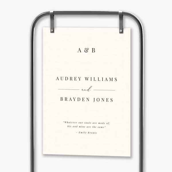Classic romance wedding welcome sign, hanging from black frame