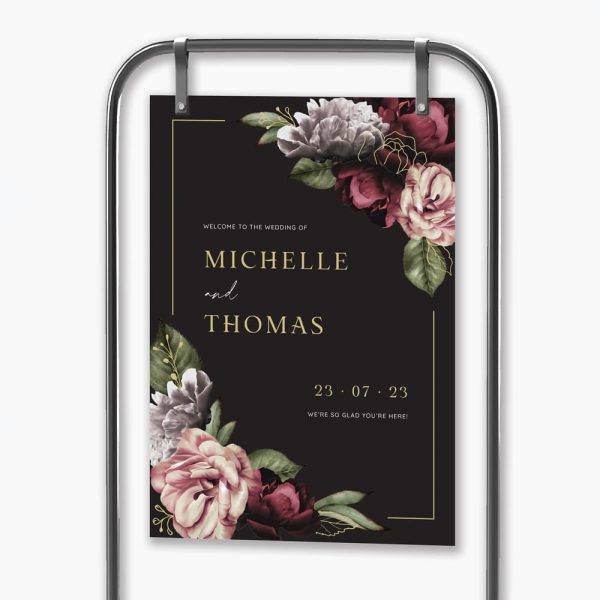 gold moody blooms welcome sign hanging in black frame