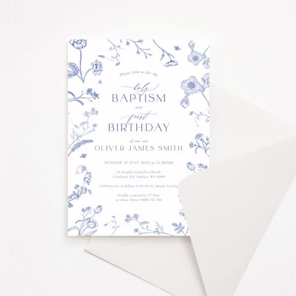 A baby's Baptism Invitation and First Birthday Invitation with blue delicate blossom flowers and soft fonts.