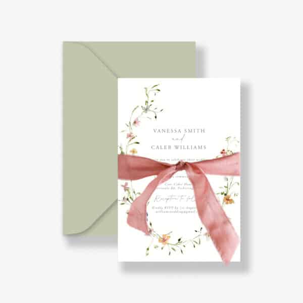 Dainty Blossoms wedding Invitation with matcha green envelope. The invitation features dainty colourful flowers in a wreath with a pink silk ribbon.