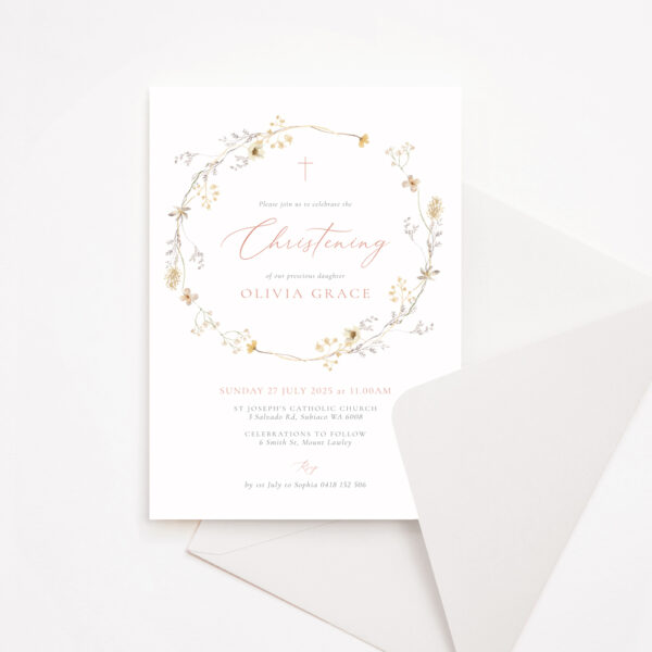 Baptism Invitation with soft floral wreath