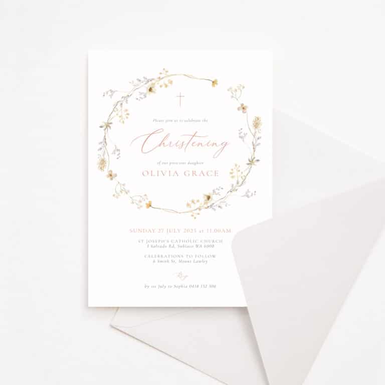 Baptism Invitation with soft floral wreath