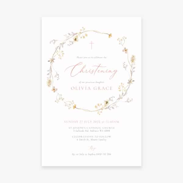 Baptism Invitation with soft floral wreath