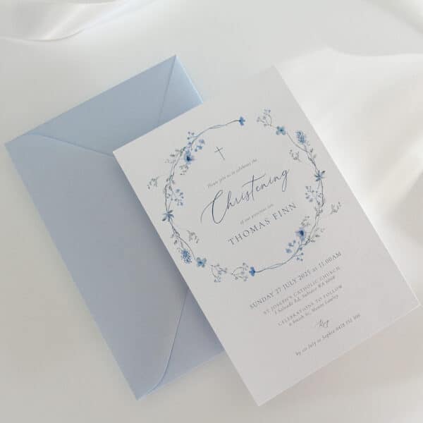 Baptism Invitation with soft floral wreath and envelope
