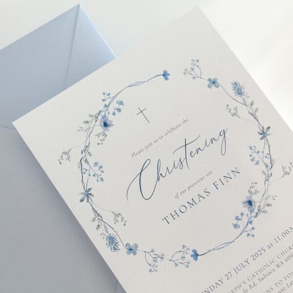 Baptism Invitation with soft floral wreath and envelope