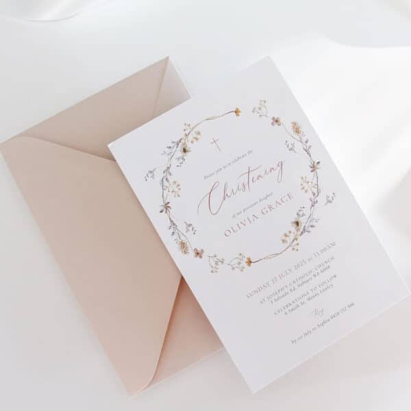Baptism Invitation with soft floral wreath and envelope