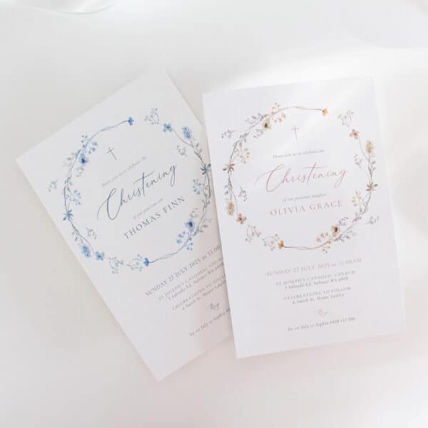 Baptism Invitation with soft floral wreath and envelope