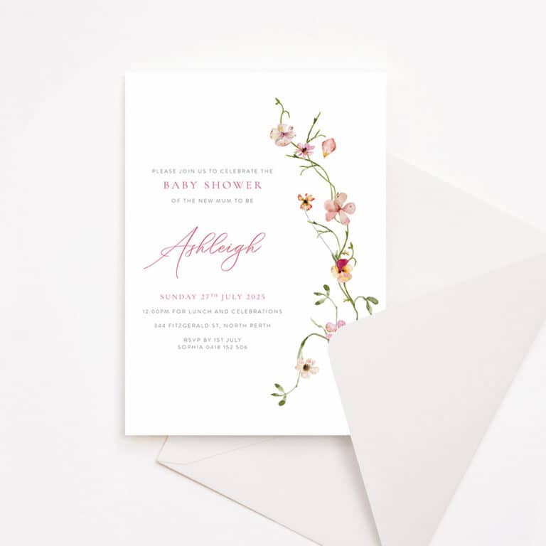 Baby Shower Invitation with cursive script font and dainty florals