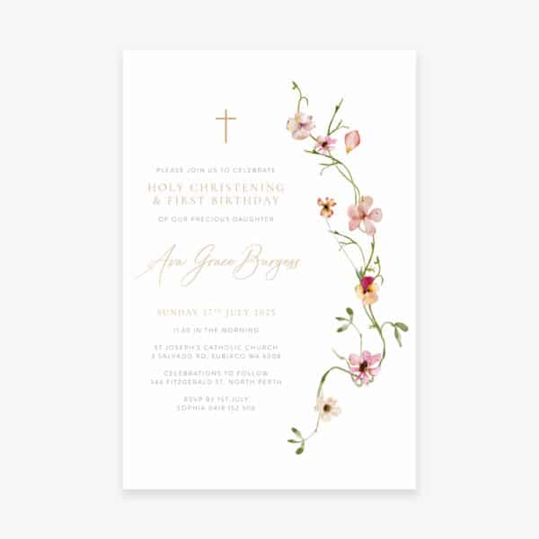 Baptism Invitation with soft floral border and envelope