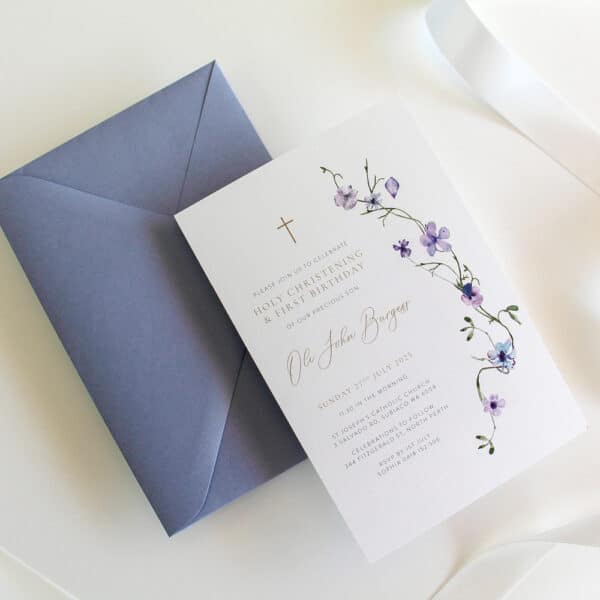 Baptism Invitation with soft floral border and envelope
