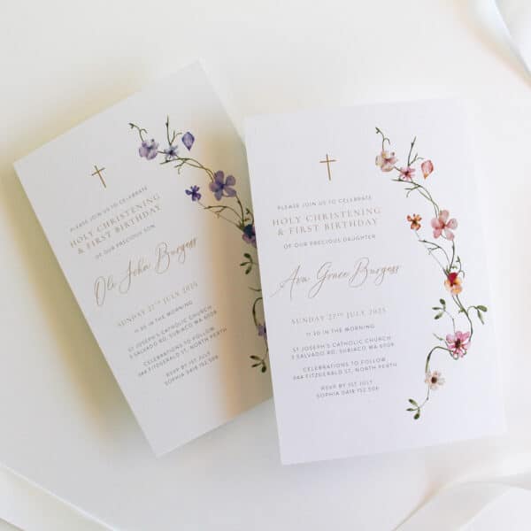 Baptism Invitation with soft floral border and envelope