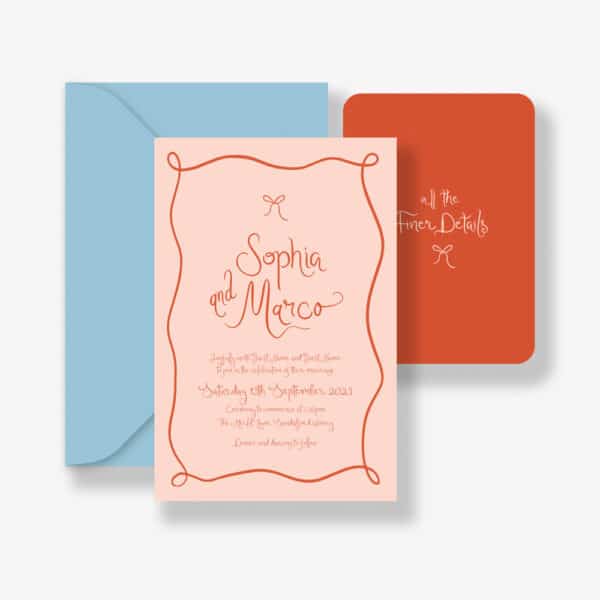A Wedding Invitation suite including an invitation with blush pink background and orange printing. The design uses organic flowing fonts and hand drawn bows and boarders.