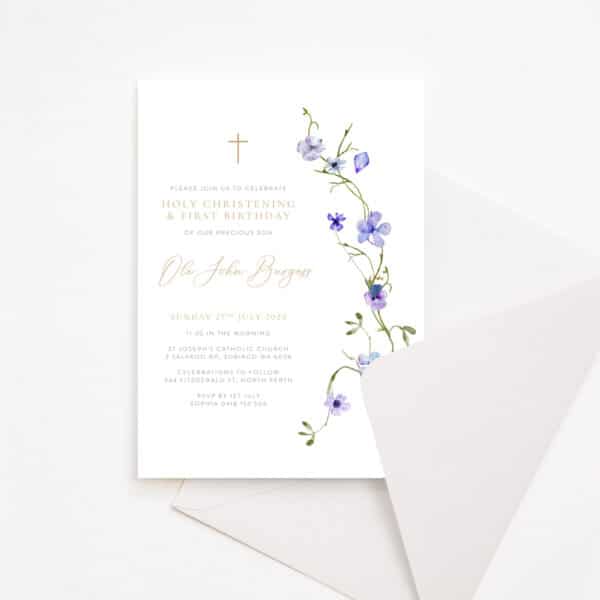 Baptism Invitation with soft floral border and envelope