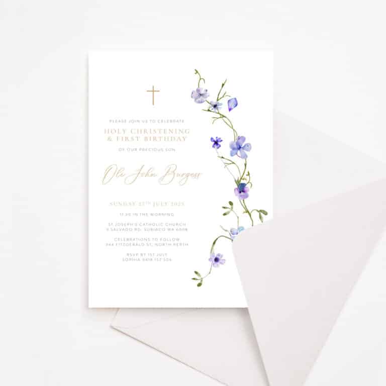 Baptism Invitation with soft floral border and envelope