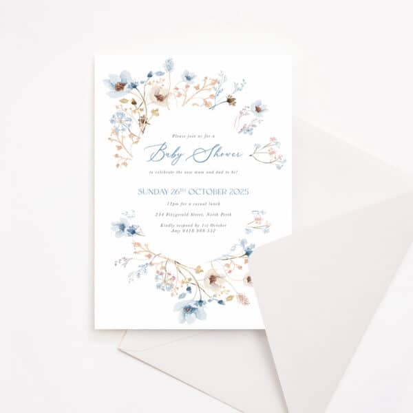 Baby Shower Invitation with cursive script font and dainty florals