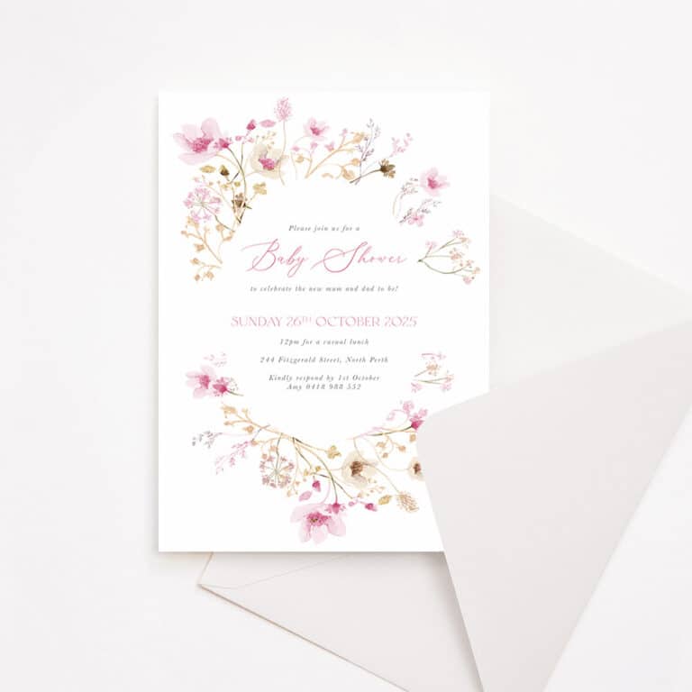 Baby Shower Invitation with cursive script font and dainty florals
