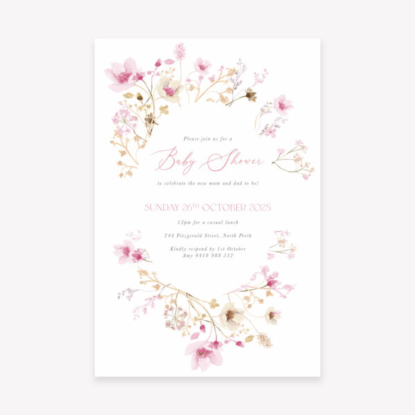 Baby Shower Invitation with cursive script font and dainty florals