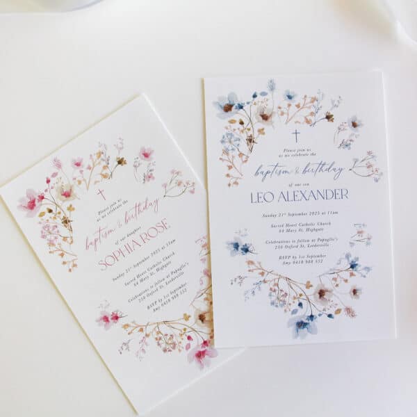 Baptism Invitation with soft floral wreath and envelope