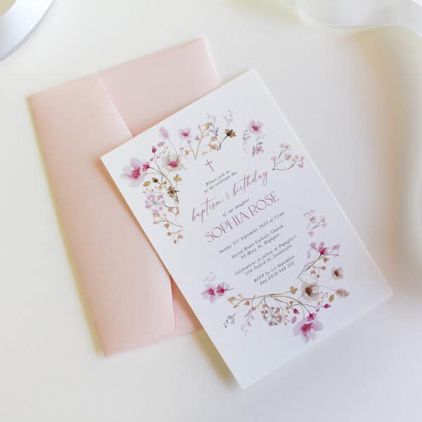Baptism Invitation with soft floral wreath and envelope