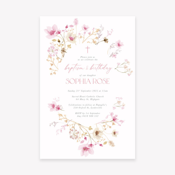 Baptism Invitation with soft floral wreath and envelope