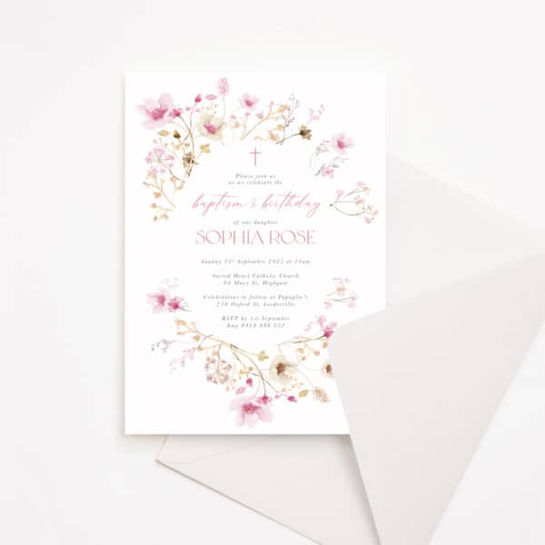 Baptism Invitation with soft floral wreath and envelope