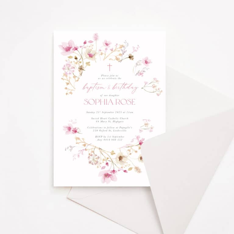 Baptism Invitation with soft floral wreath and envelope
