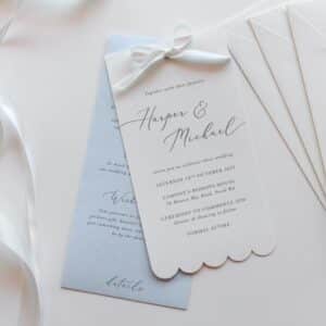 Harper scalloped wedding invitation, custom design wedding invite with scalloped edge, baby blue card stock and layered with gold eyelet and white ribbon bow